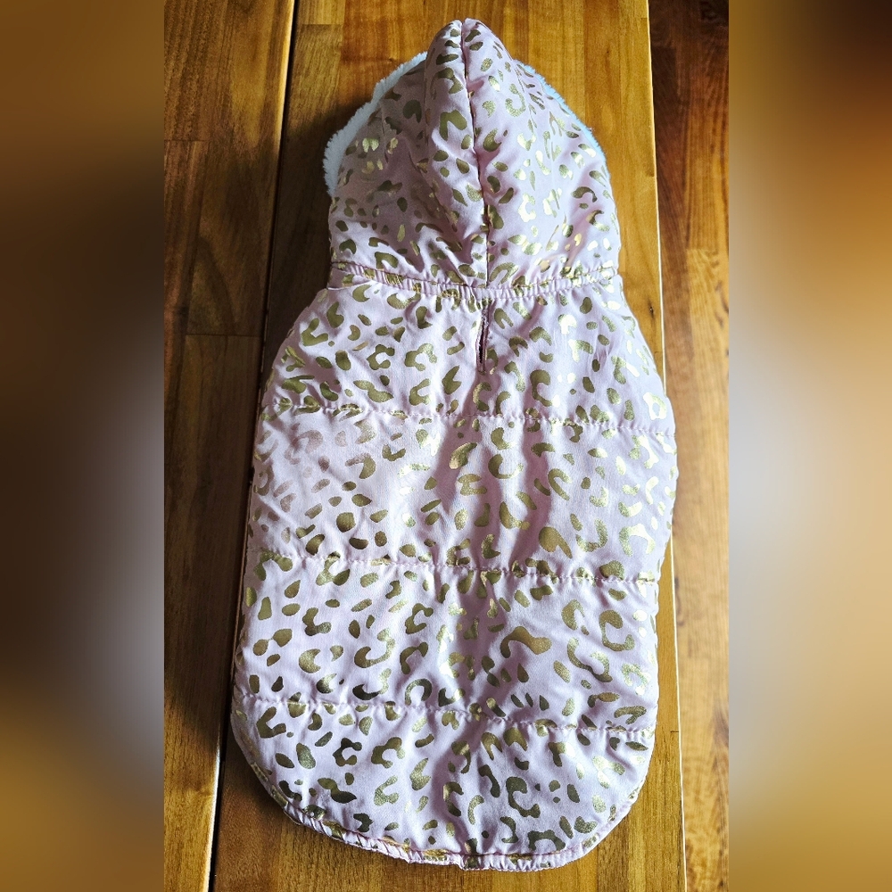 Friends Forever Pet Dog Pink Puffer Vest Hoodie with Gold Leopard Print Size S